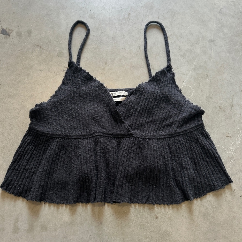 Urban Outfitters Black Ribbed Knit Babydoll Cami Wrap Top Raw Edge Fringe Medium
